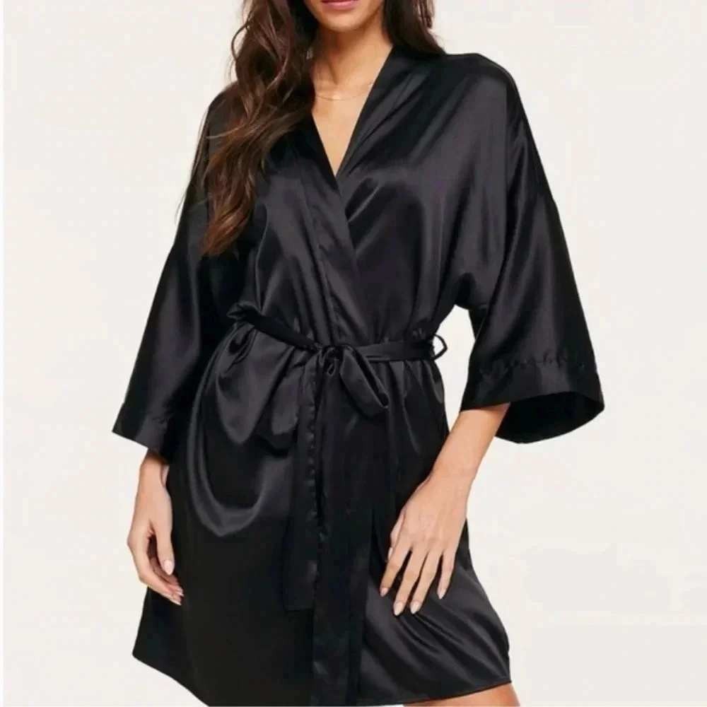 Old Money Victoria's Secret Satin Kimono Robe O/S Coquette Black Glamour